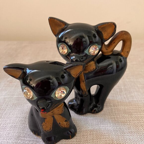 Vintage Lefton Diamond Eyed Black Cats Salt and Pepper Shakers - Picture 2 of 12